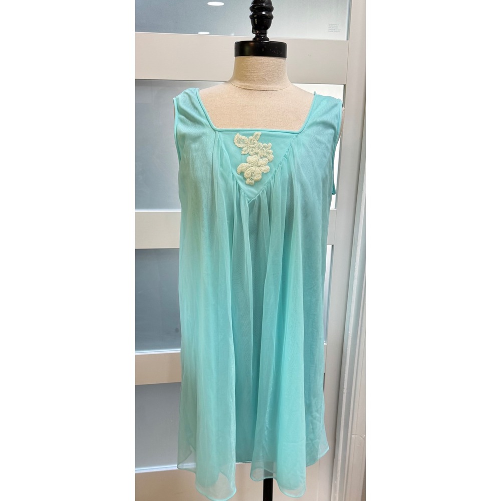 Vintage Sans Souci Aqua Blue Nylon Sheer Mesh Lace Nightgown Medium 14528